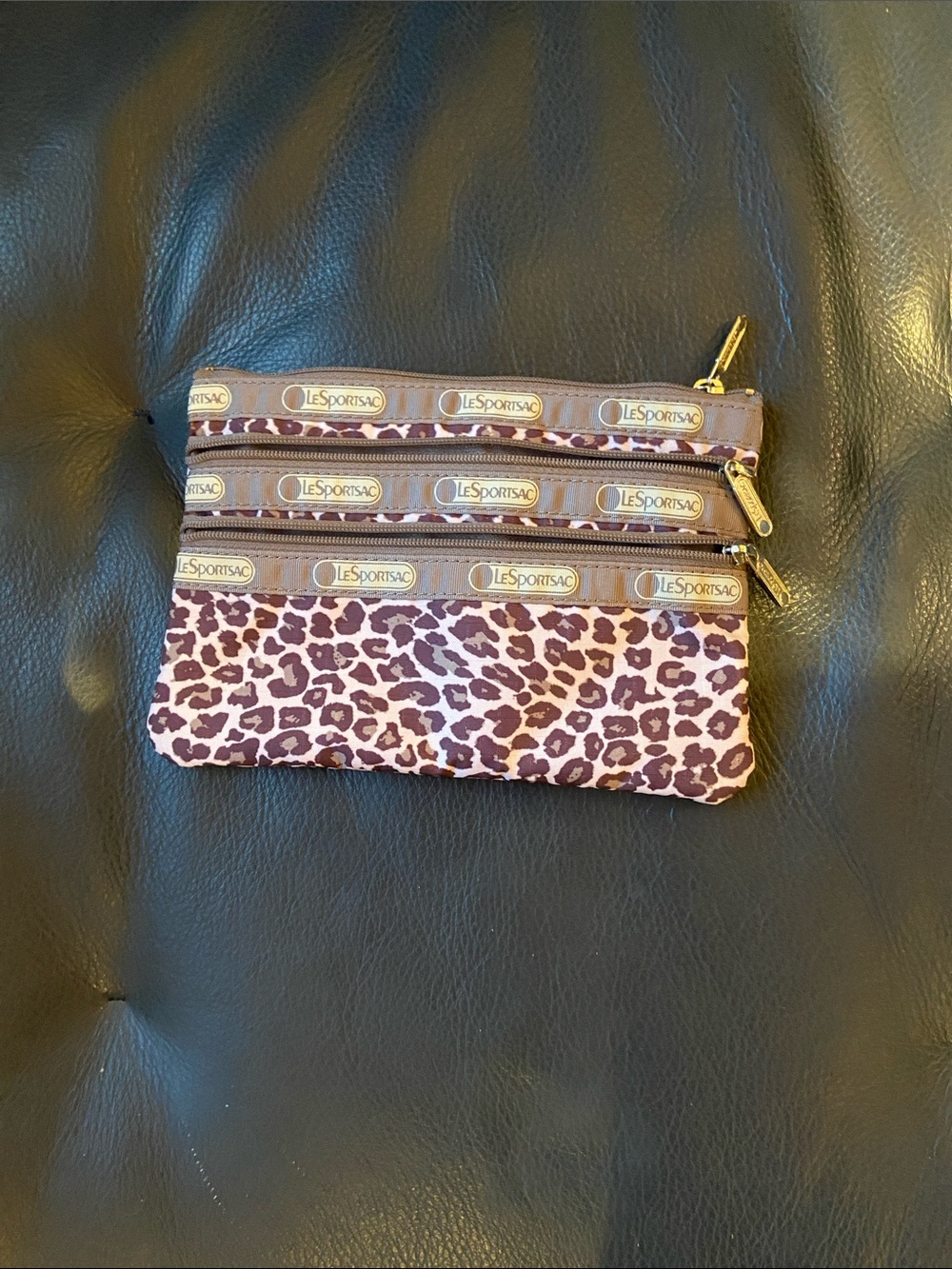 LeSportsac Brown and Cream Leopard Triple Zip Pouch